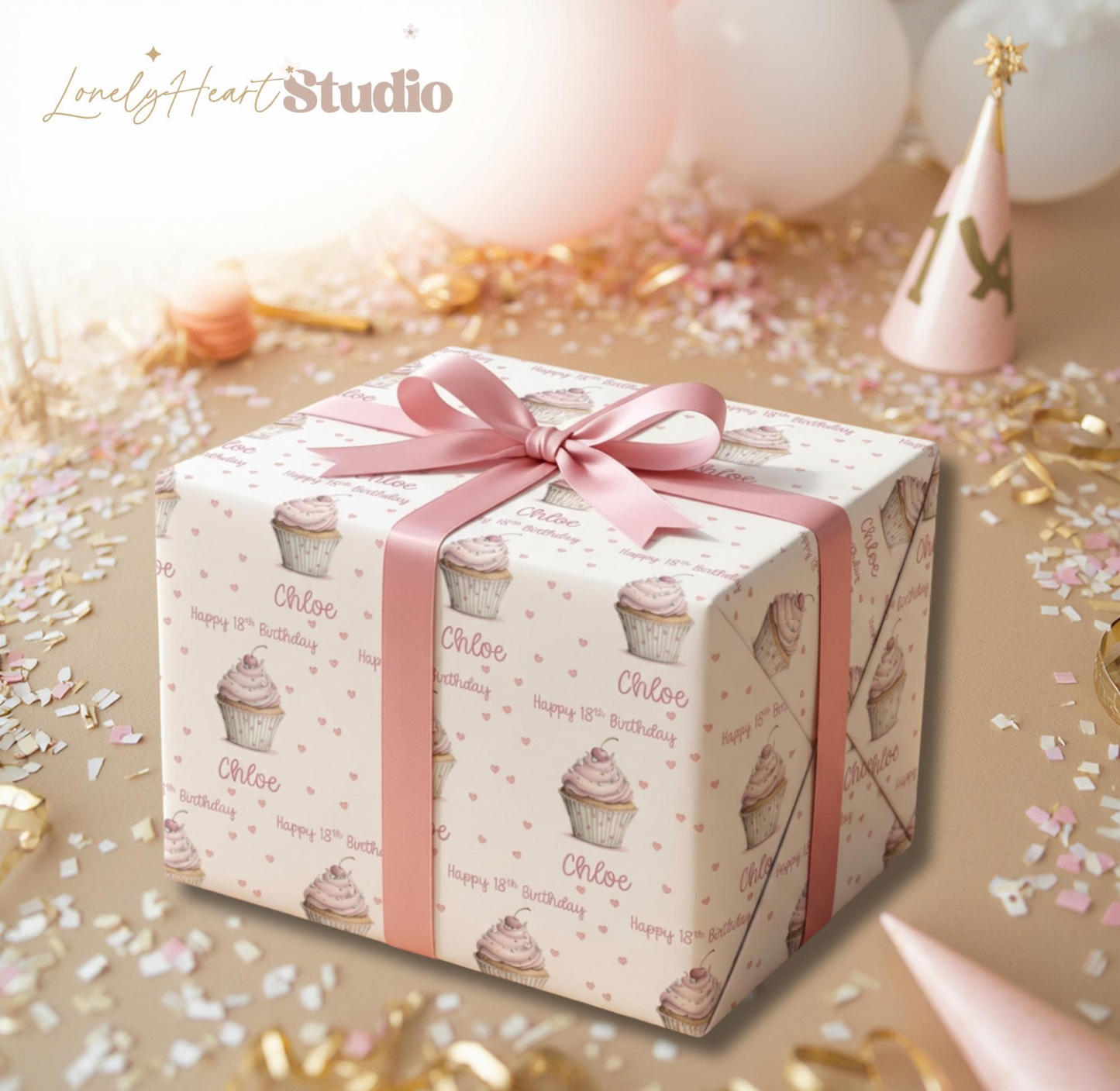 Personalised Pink Cupcake Birthday Paper - Custom Age & Name