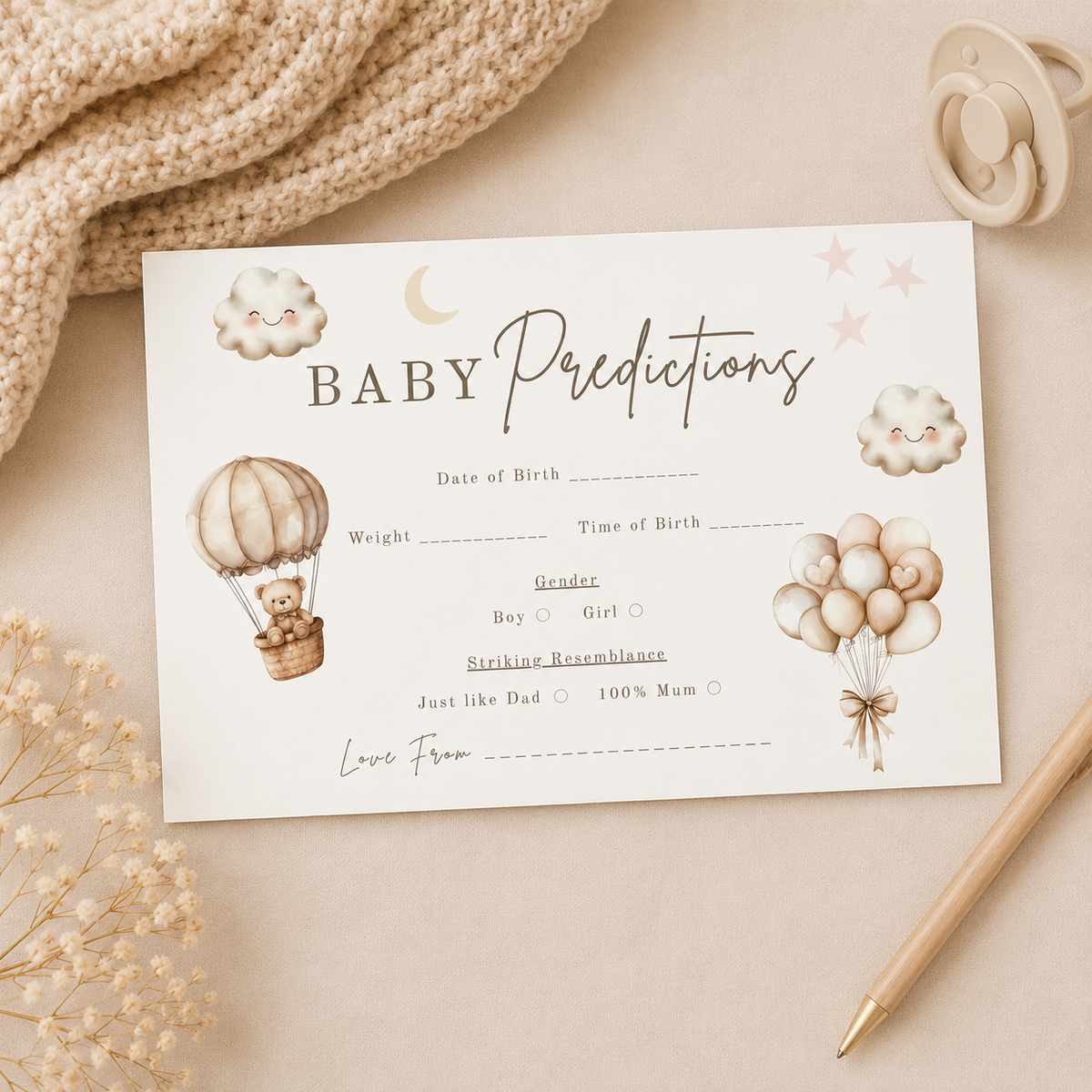 Baby Predictions cards - Baby Shower Game, Neutral themed