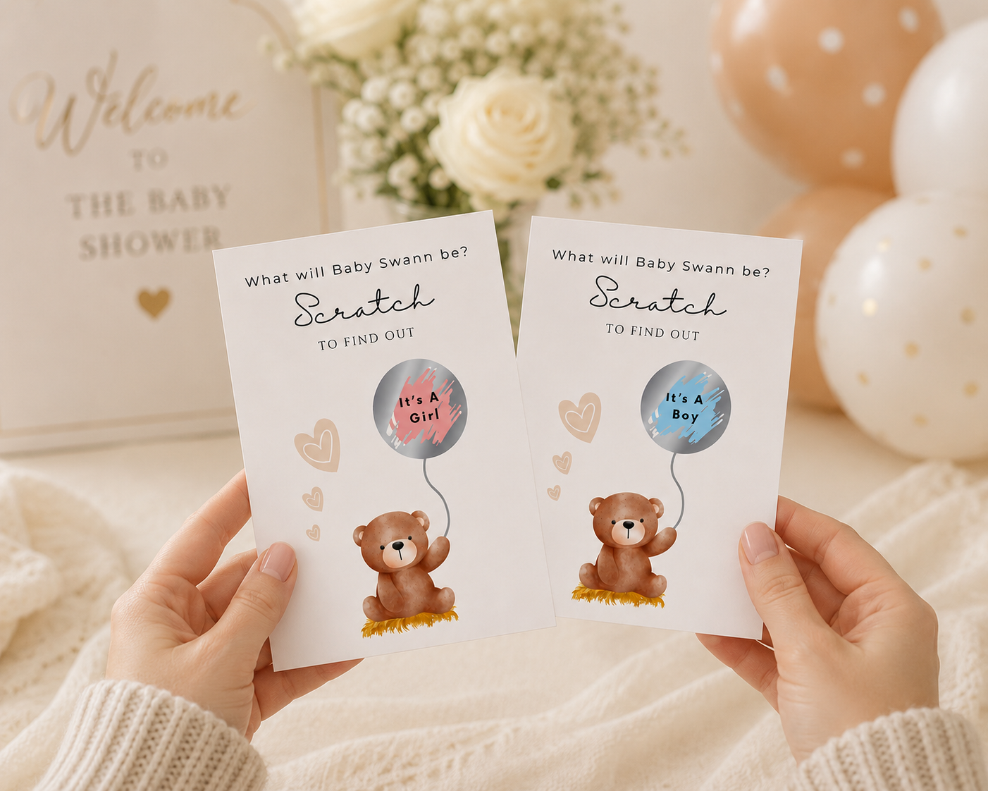 Gender Reveal Scratch Cards, Teddy Bear with a balloon panel