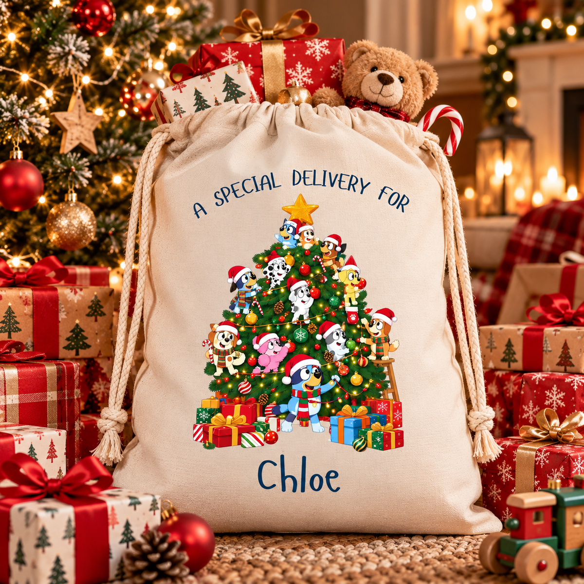 Personalised Blue Dog Christmas Tree Christmas Sack - Medium or Large