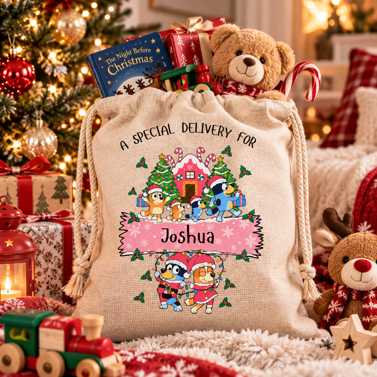 Personalised Blue Dog Banner Christmas Sack - Medium or Large