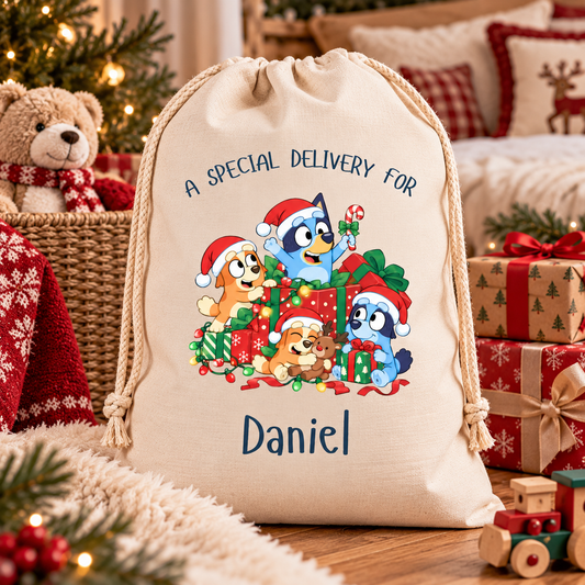 Personalised Blue Dog Presents Christmas Sack - Medium or Large