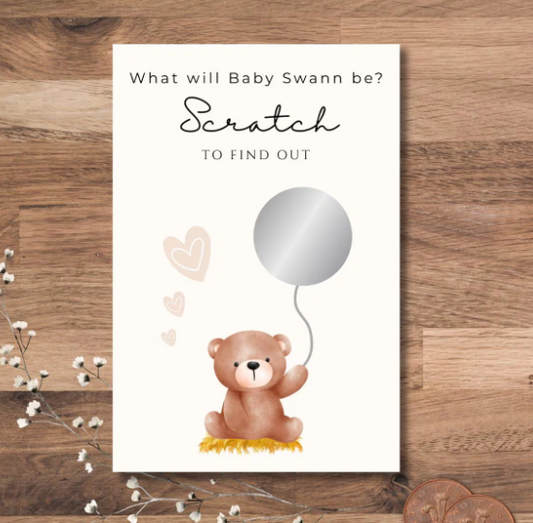 Gender Reveal Scratch Cards, Teddy Bear with a balloon panel