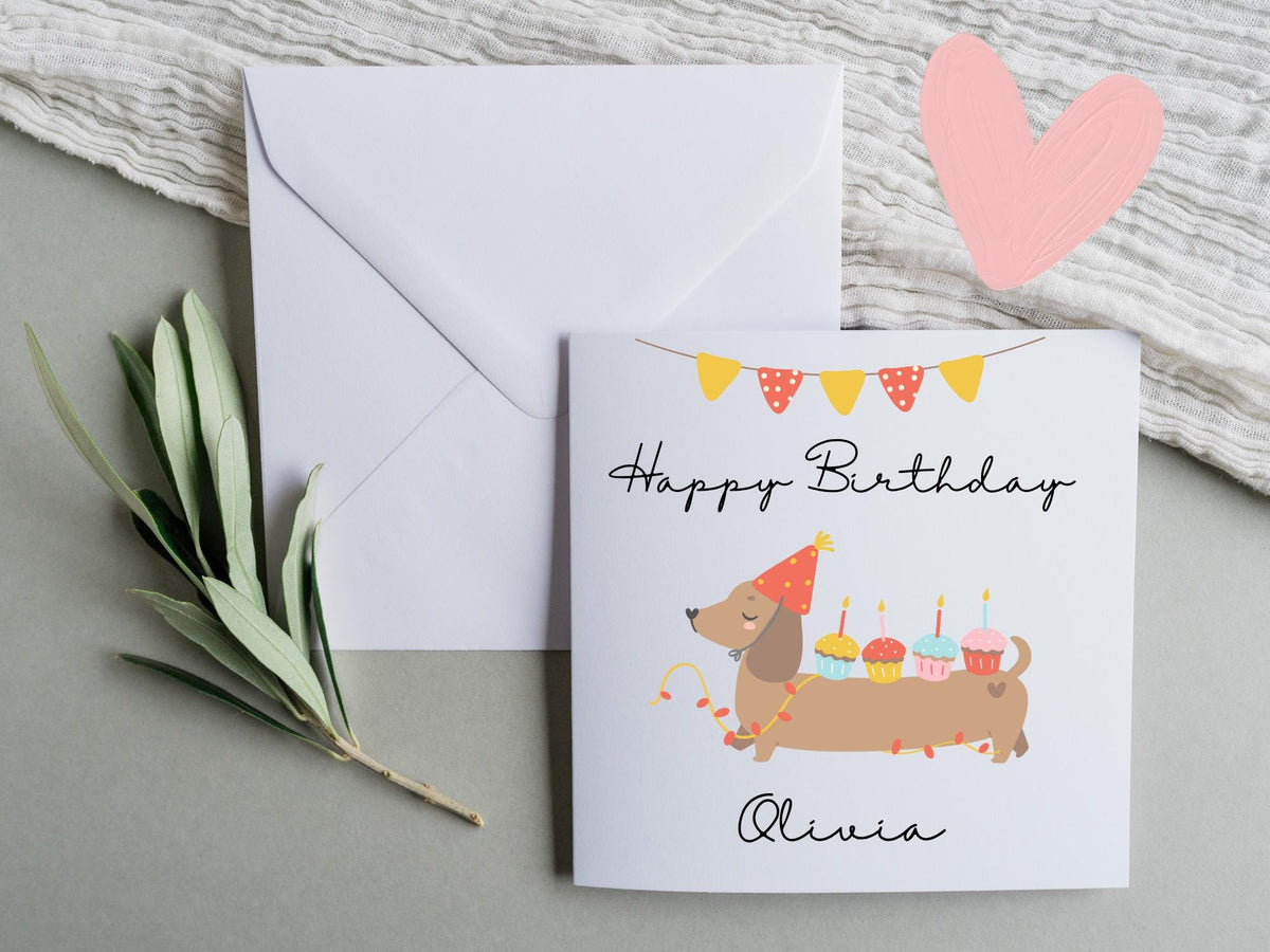Personalised Dachshund Birthday Card: Handmade Sausage Dog with Cupcakes
