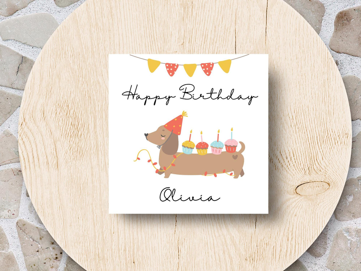 Personalised Dachshund Birthday Card: Handmade Sausage Dog with Cupcakes