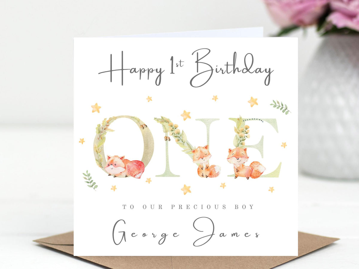 Personalised 1st (First) Birthday Card: Woodland Fox Theme