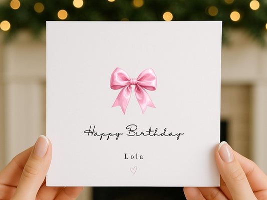 Personalised Elegant Pink Bow Birthday Card for her