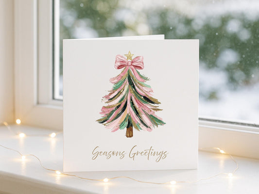 Watercolour pink print Christmas Tree Cards - Single or Multipack Seasons Greetings