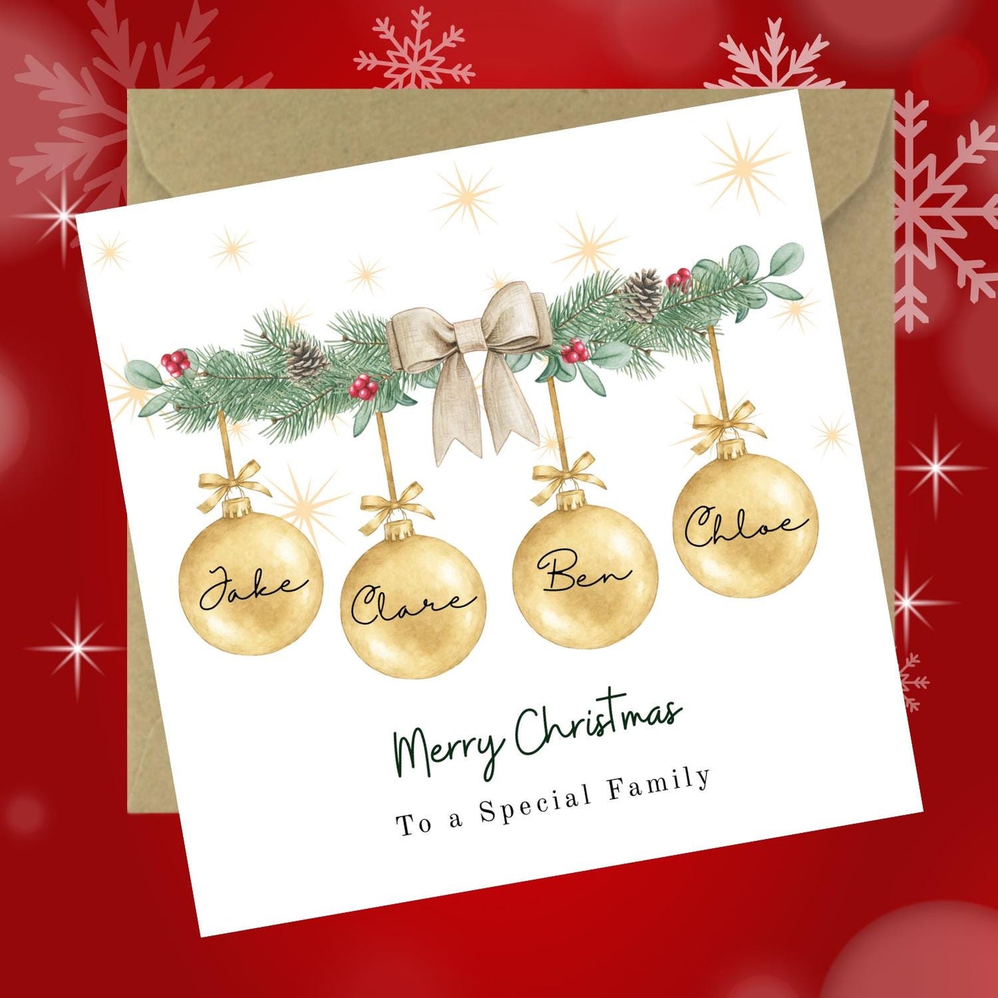 Personalised Garland Family Christmas Card: Custom Names Card Bauble Gold