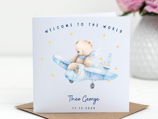 Welcome to the World - Baby Boy Card – Teddy Plane Newborn