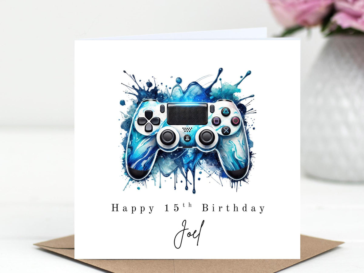 PlayStation style Controller Birthday Card - Personalised Gamer Card - Choice of 6 Colours - Splash Art