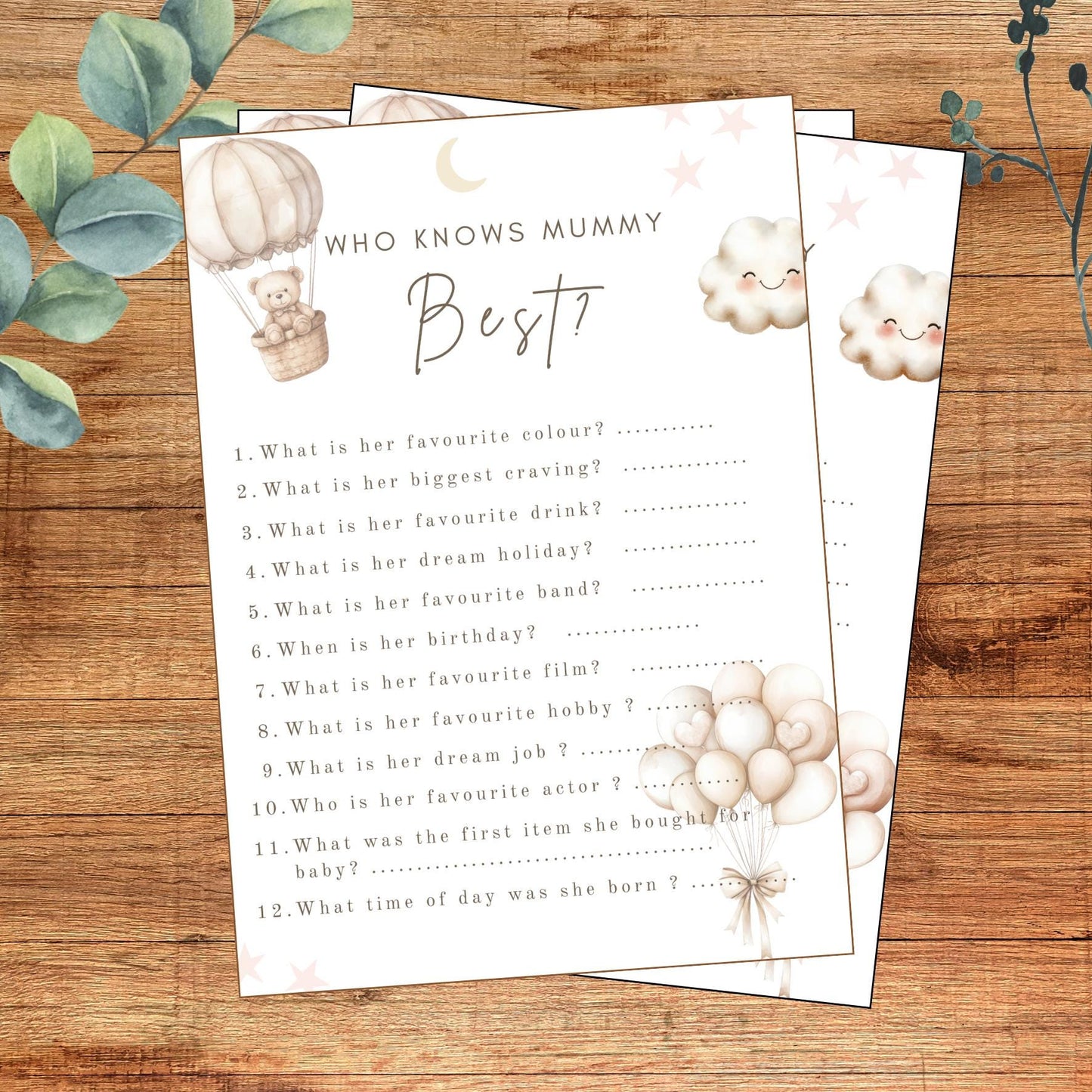 Teddy Bear Baby Shower Game Cards