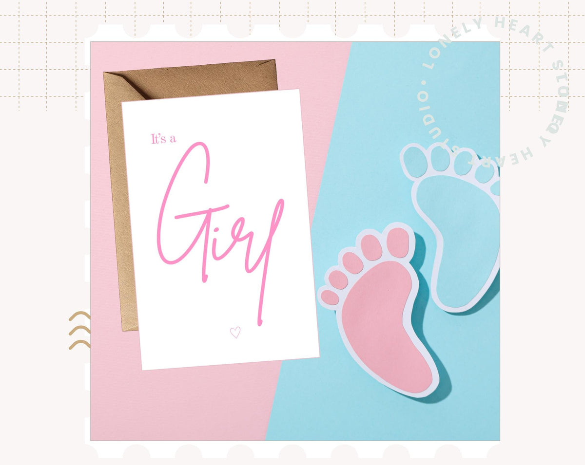 Its a Girl, Handmade Luxury Gender Reveal Pink FOIL Card