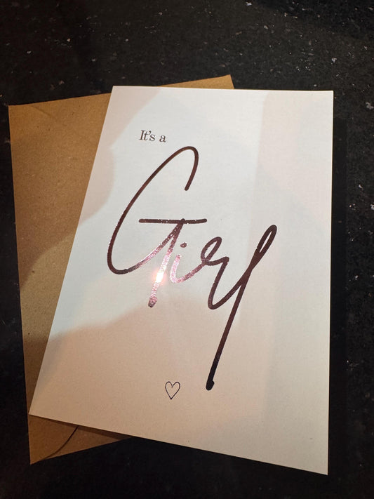 Its a Girl, Handmade Luxury Gender Reveal Pink FOIL Card