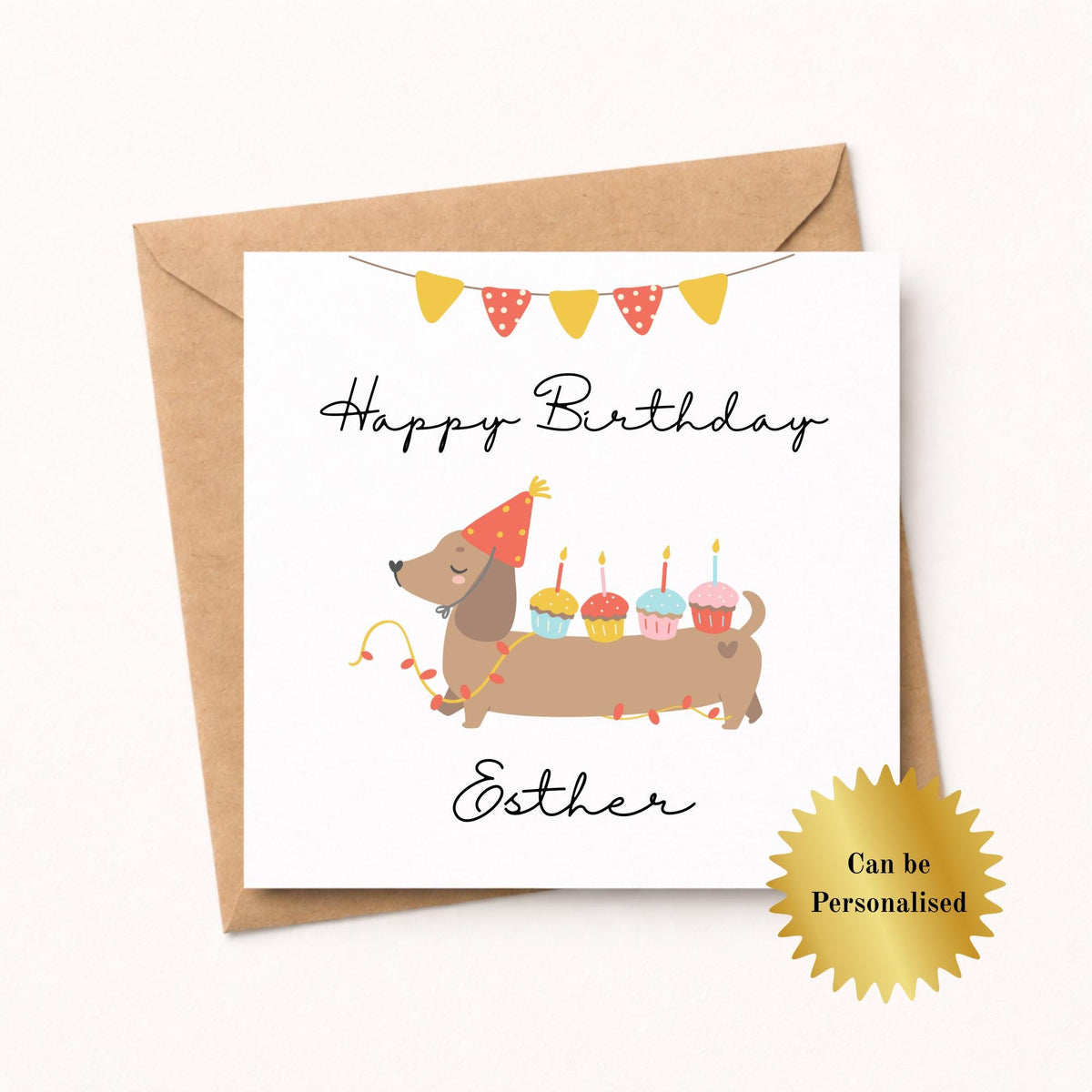 Personalised Dachshund Birthday Card: Handmade Sausage Dog with Cupcakes
