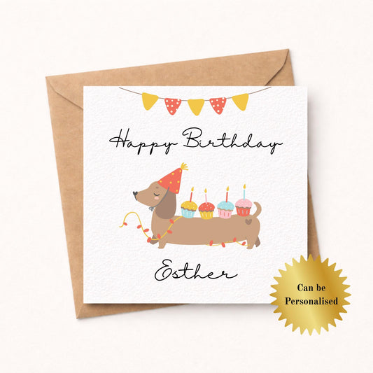 Personalised Dachshund Birthday Card: Handmade Sausage Dog with Cupcakes