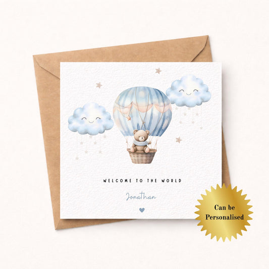Personalised New Baby Boy Card – Welcome to the World - Teddy Bear