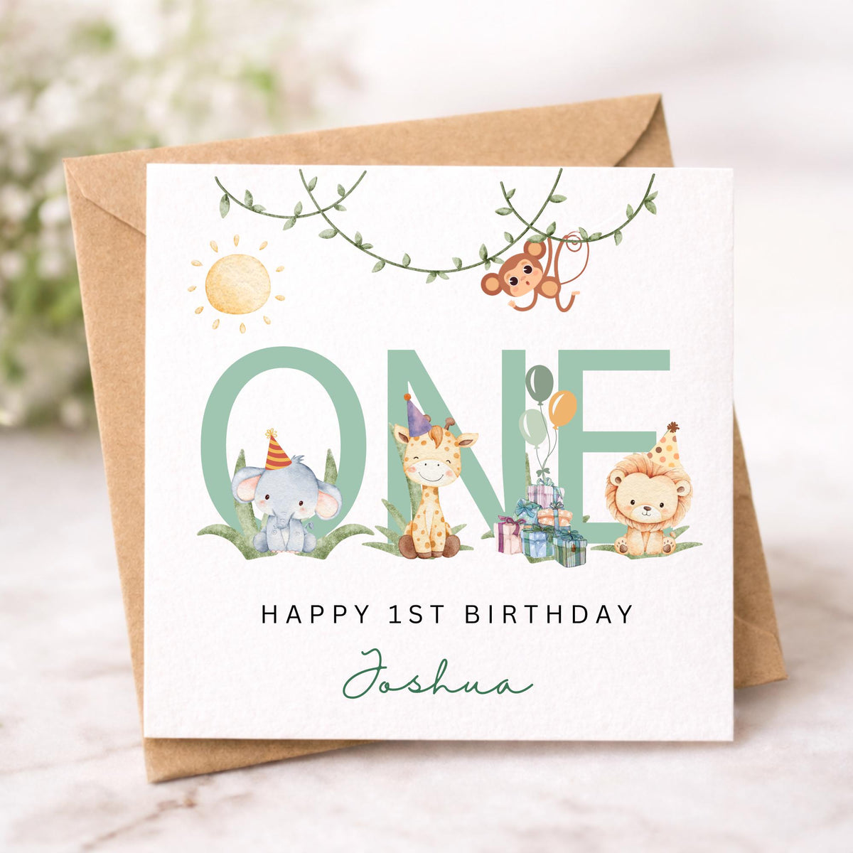 Safari Animals First Birthday Card