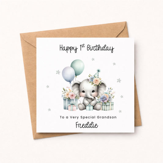 Grandson 1st Birthday Card, Pastel Elephant with Balloons for Special Son