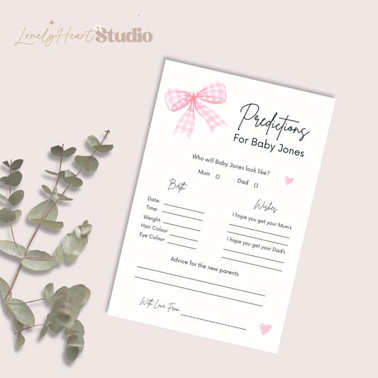 Personalised Baby Predictions cards - Baby Shower Game Pink Gingham Bow