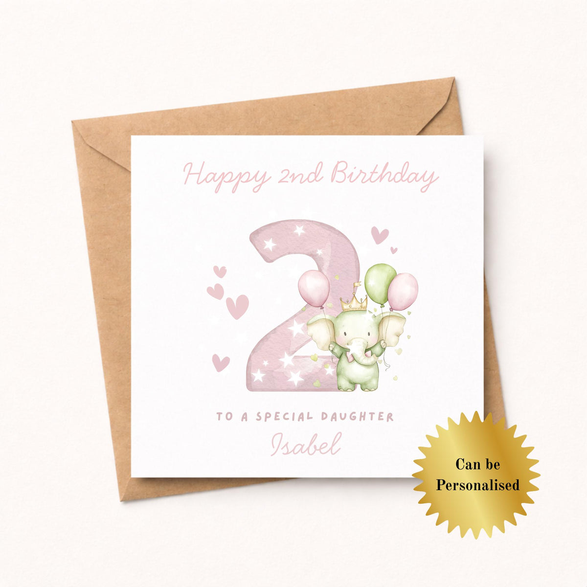 Personalised Elephant Custom Age name pink Birthday Card
