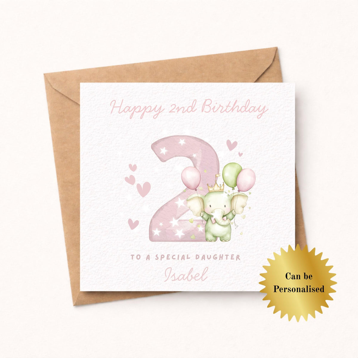 Personalised Elephant Custom Age name pink Birthday Card