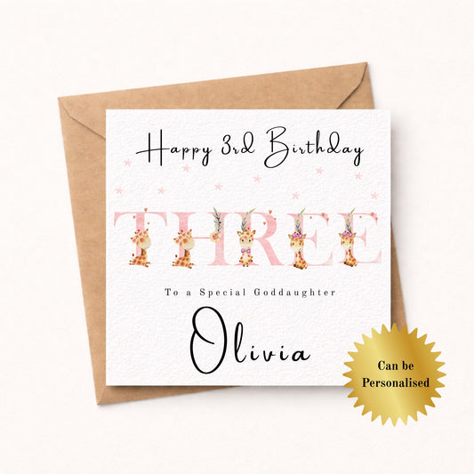Personalised Pink Age Giraffe Birthday Card for her