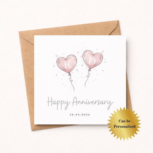 Foiled Happy Anniversary Heart Balloons Card - Personalised with initials and Date