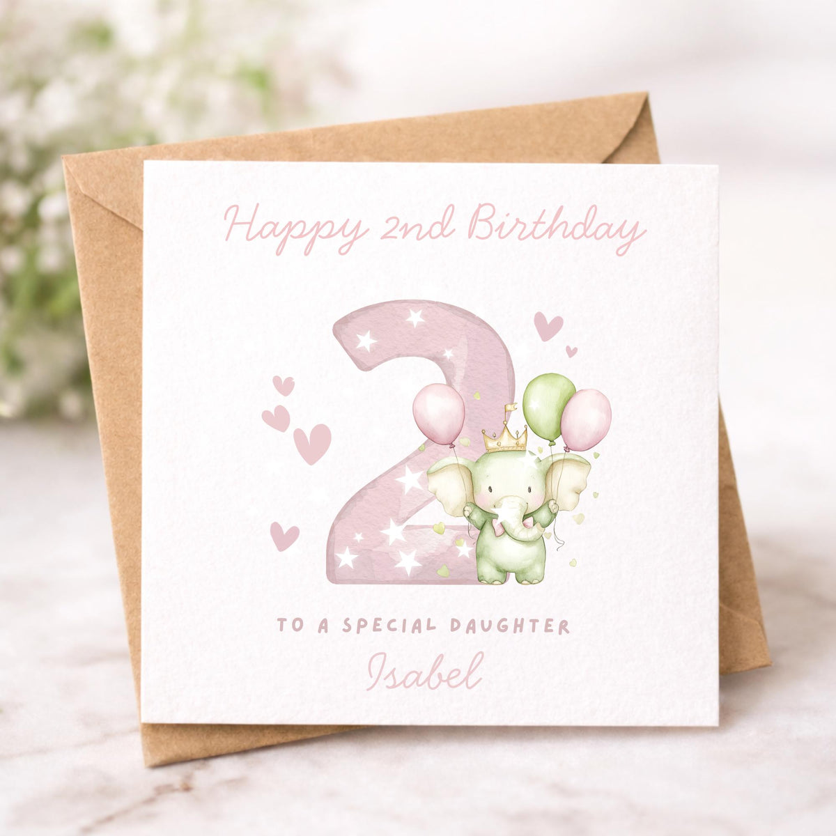 Personalised Elephant Custom Age name pink Birthday Card