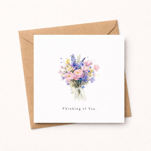 Thinking of you Card, Pastel Watercolour flower bouquet