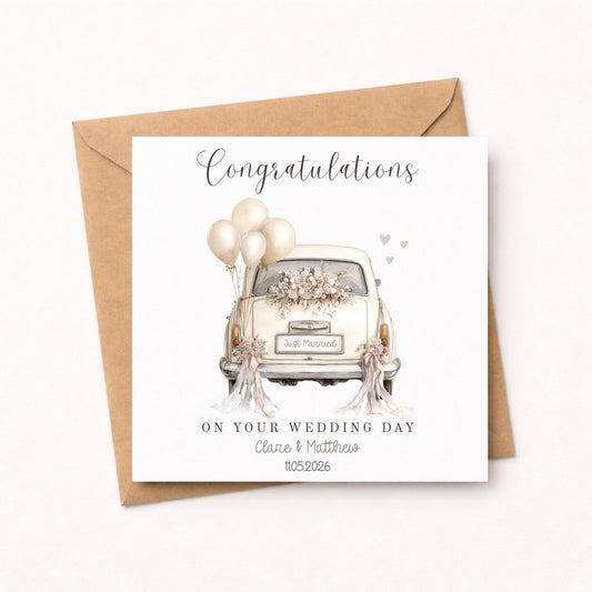 Personalised Wedding Card, Watercolour Floral Car