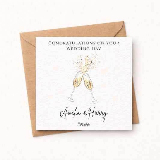 Personalised Wedding card, Champagne Congratulations Watercolour