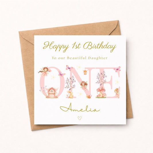 Fairy 1st Birthday Card Girl - Personalised Gold Foil Finish Fairy Garden Birthday Card - Daughter Niece Granddaughter A