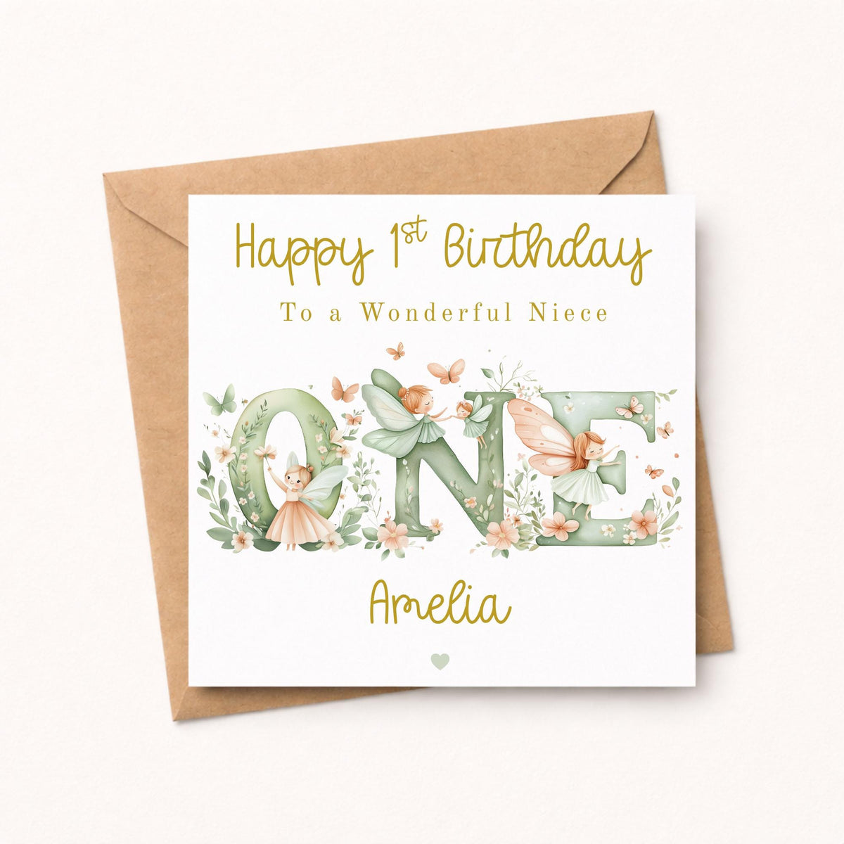 Fairy 1st Birthday Card Girl - Personalised Gold Foil Finish Fairy Garden Birthday Card - Daughter Niece Granddaughter A