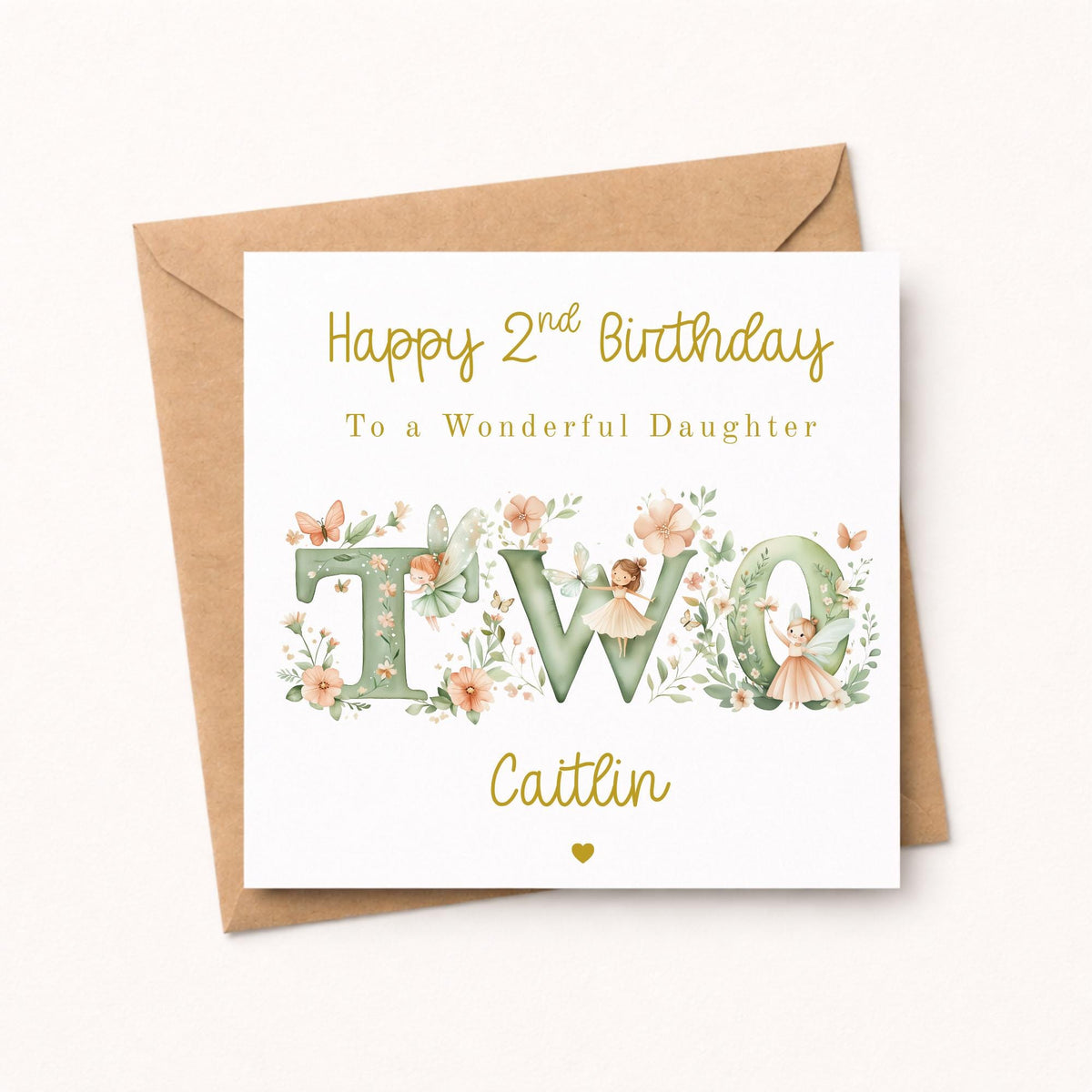 Fairy 2nd Birthday Card Girl - Personalised Gold Foil Finish Fairy Garden Birthday Card - Daughter Niece Granddaughter A