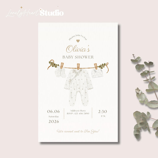 Personalised Baby Shower Invitations with Envelopes Gender Neutral Baby Grow washing line