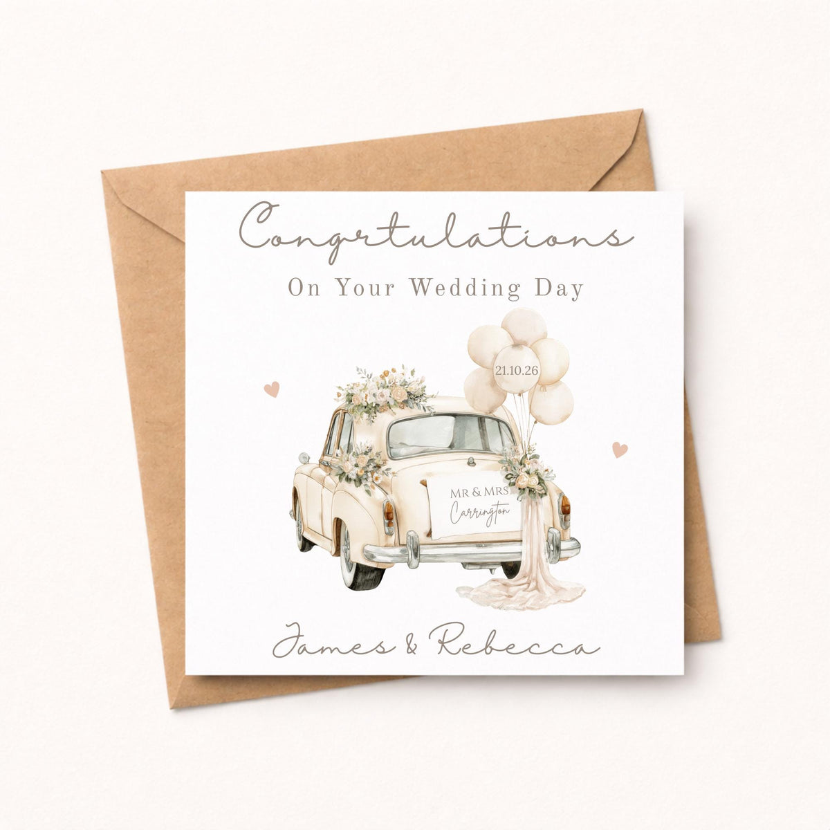 Personalised Wedding Card, Watercolour Floral Car