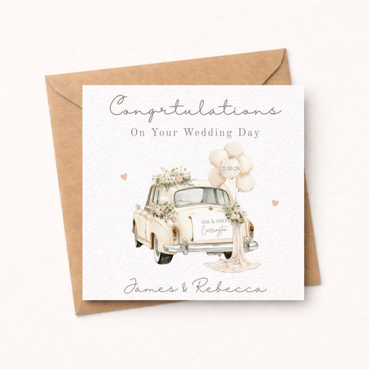 Personalised Wedding Card, Watercolour Floral Car