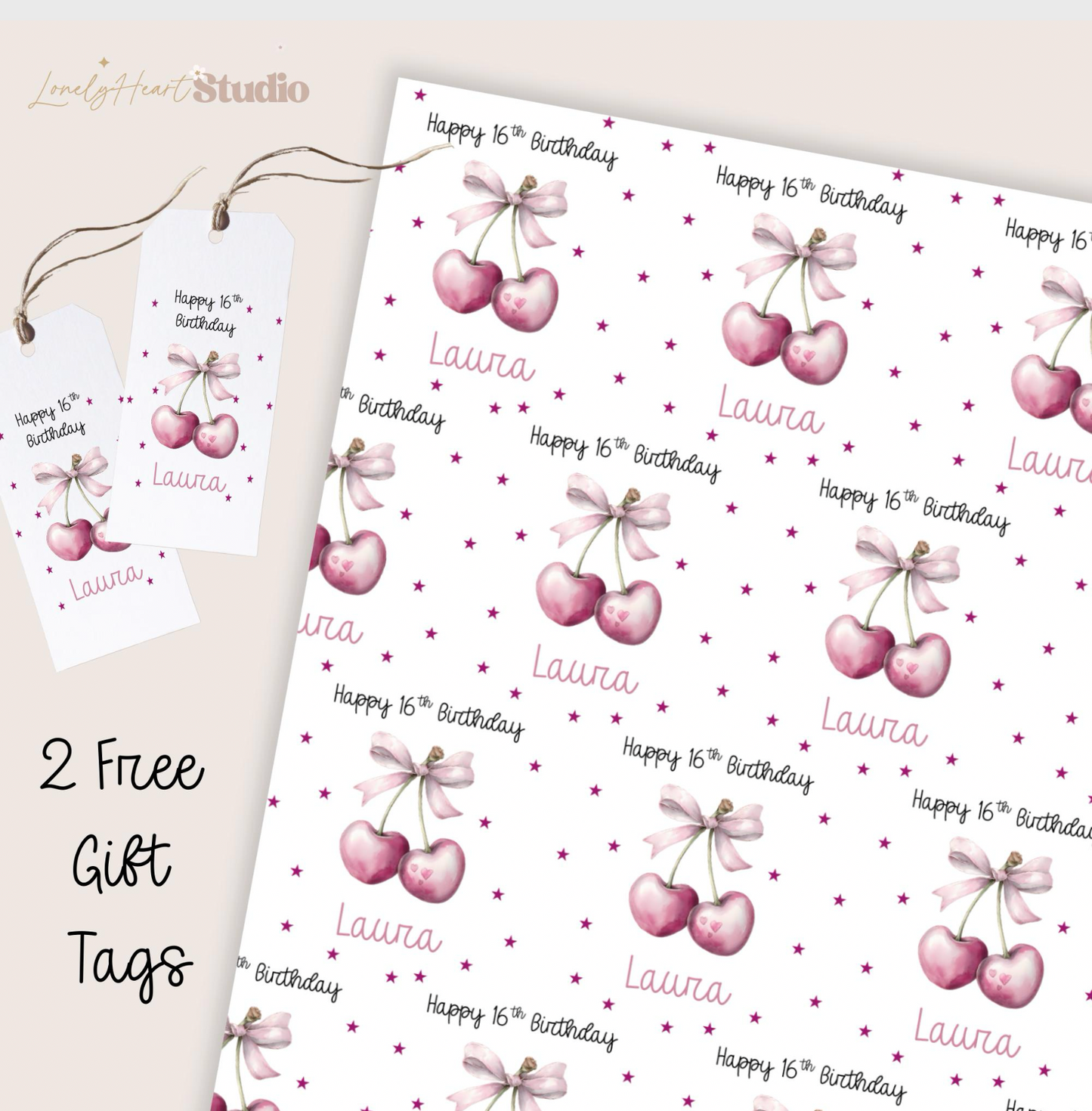 Personalised Birthday Cherries Wrapping Paper - A3 sheets