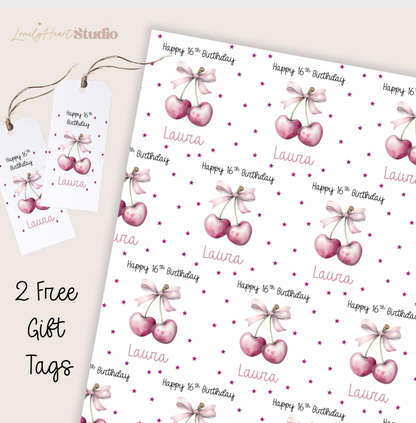 Personalised Birthday Cherries Wrapping Paper - A3 sheets