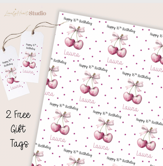 Personalised Birthday Cherries Wrapping Paper - A3 sheets