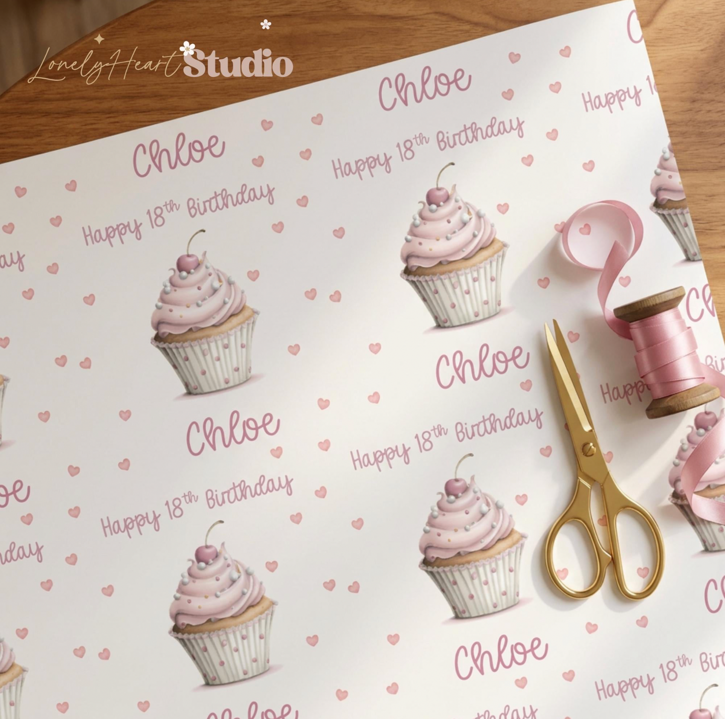 Personalised Pink Cupcake Birthday Paper - Custom Age & Name