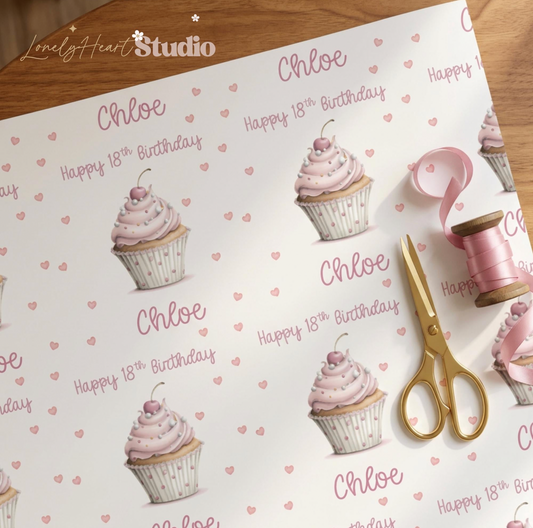 Personalised Pink Cupcake Birthday Paper - Custom Age & Name