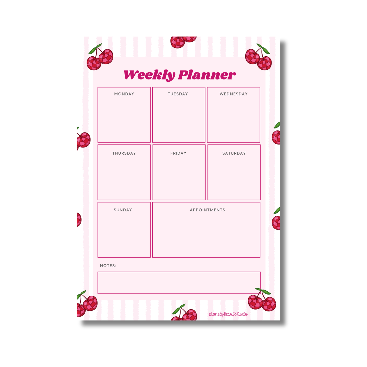 Cherry Weekly Planner Pad | A5 Desk Organiser with Notes & Appointments