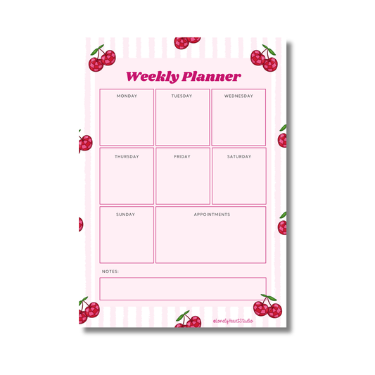 Cherry Weekly Planner Pad | A5 Desk Organiser with Notes & Appointments