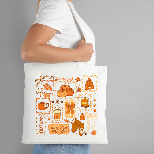 Cozy Autumn/Fall themed Tote Bag - Pumpkin, Candles, Coffee