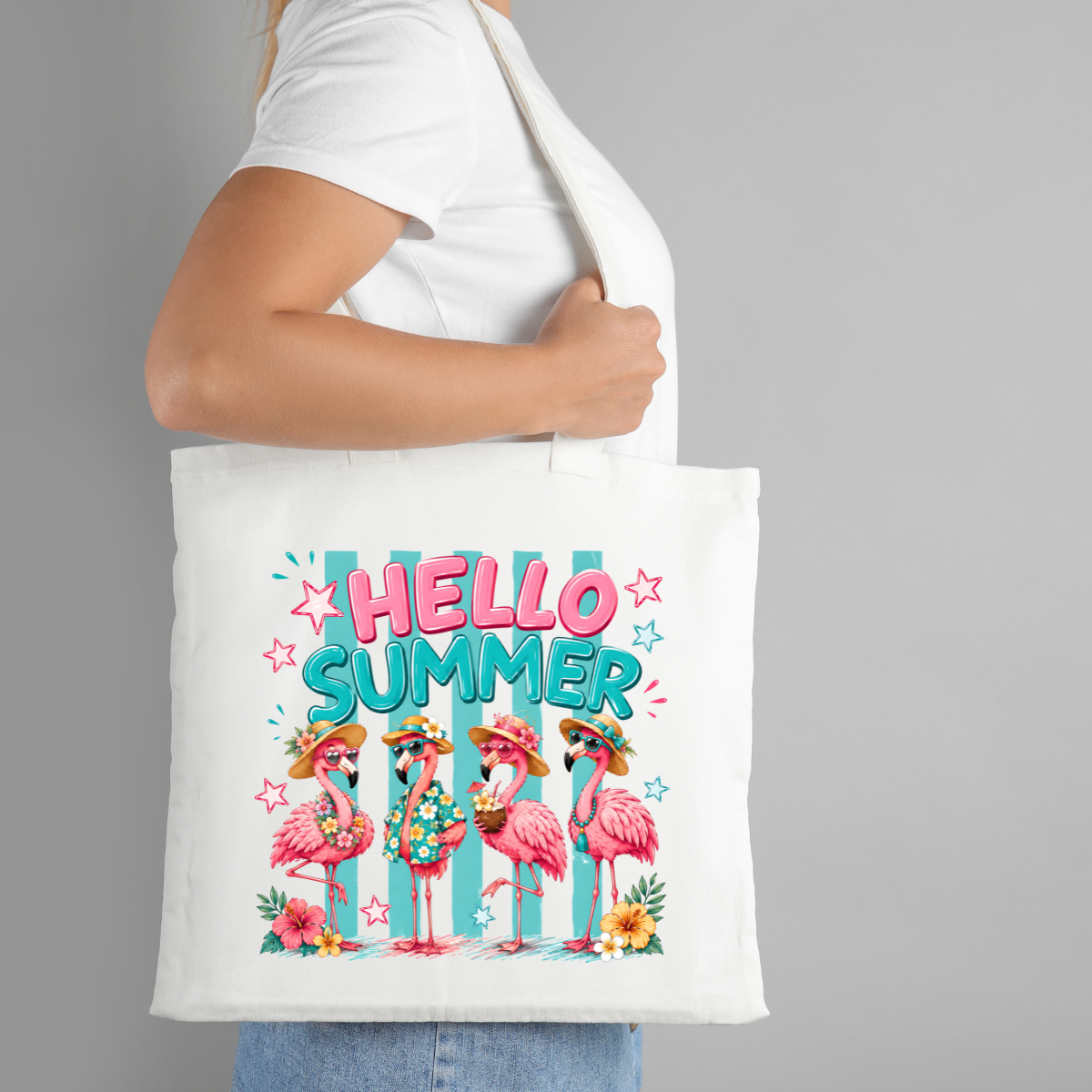 Hello Summer Famingo Tote Bag | Long Handle