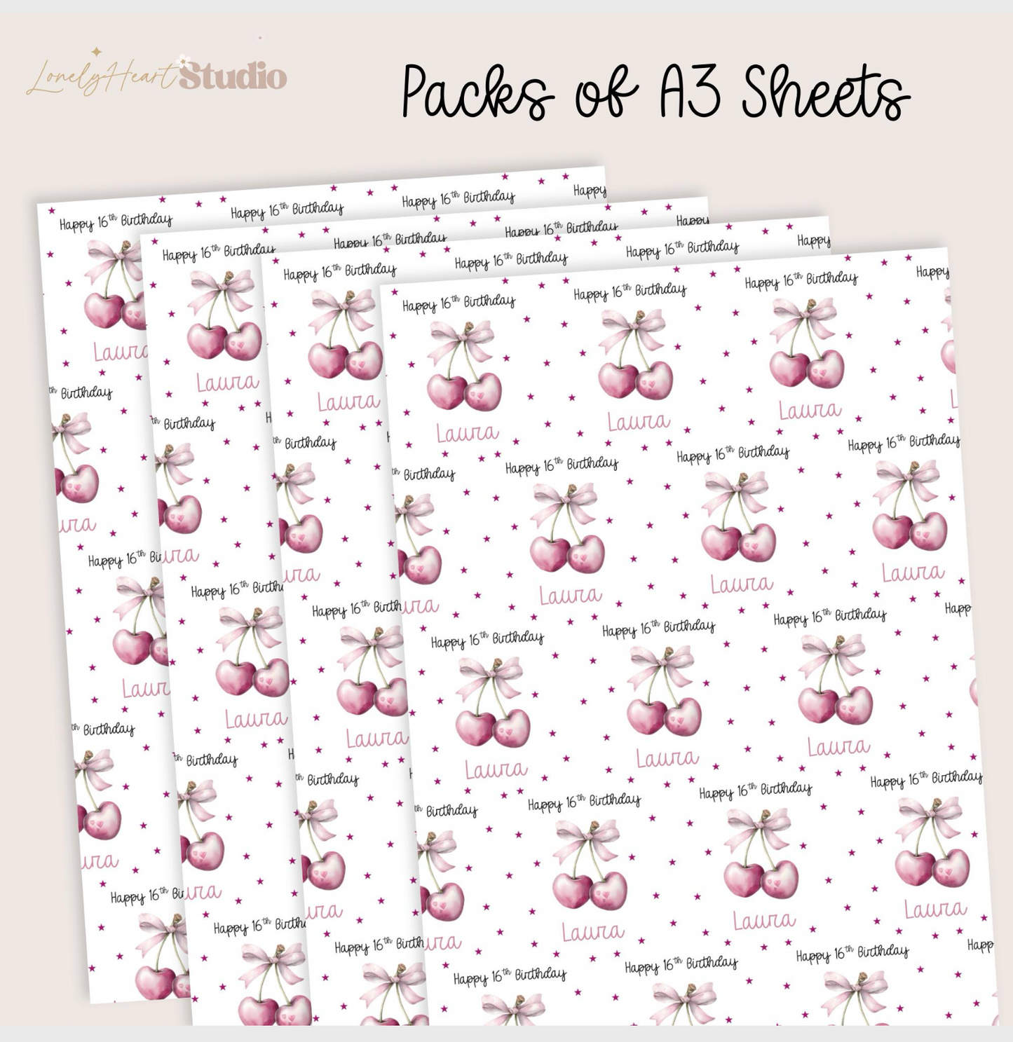 Personalised Birthday Cherries Wrapping Paper - A3 sheets
