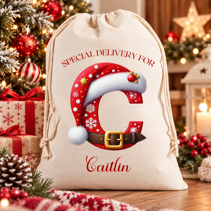 Personalised Red Initial Christmas Sack – Special Delivery - Medium or Large
