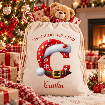 Personalised Red Initial Christmas Sack – Special Delivery - Medium or Large